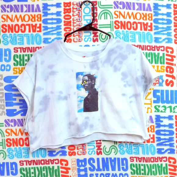ASAP Rocky T Shirt Size L Cropped Tie Dye Clouds Rap Hip Hop White Blue - Picture 1 of 4